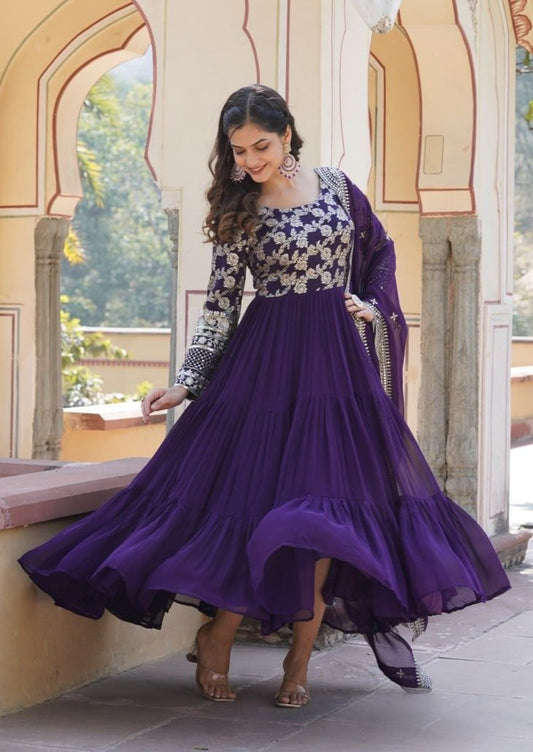 EMPRESS PURPLE JACQUARD VISCOSE WITH SOFT GEORGETTE ANARKALI GOWN WITTTH DUPATTA