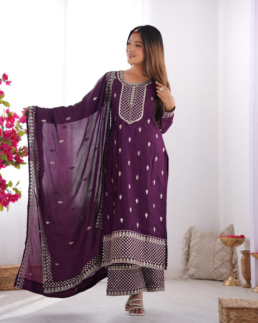 Wine Whisper – Elegant Embroidered Chinon Silk Straight Kurta Set with Dupatta