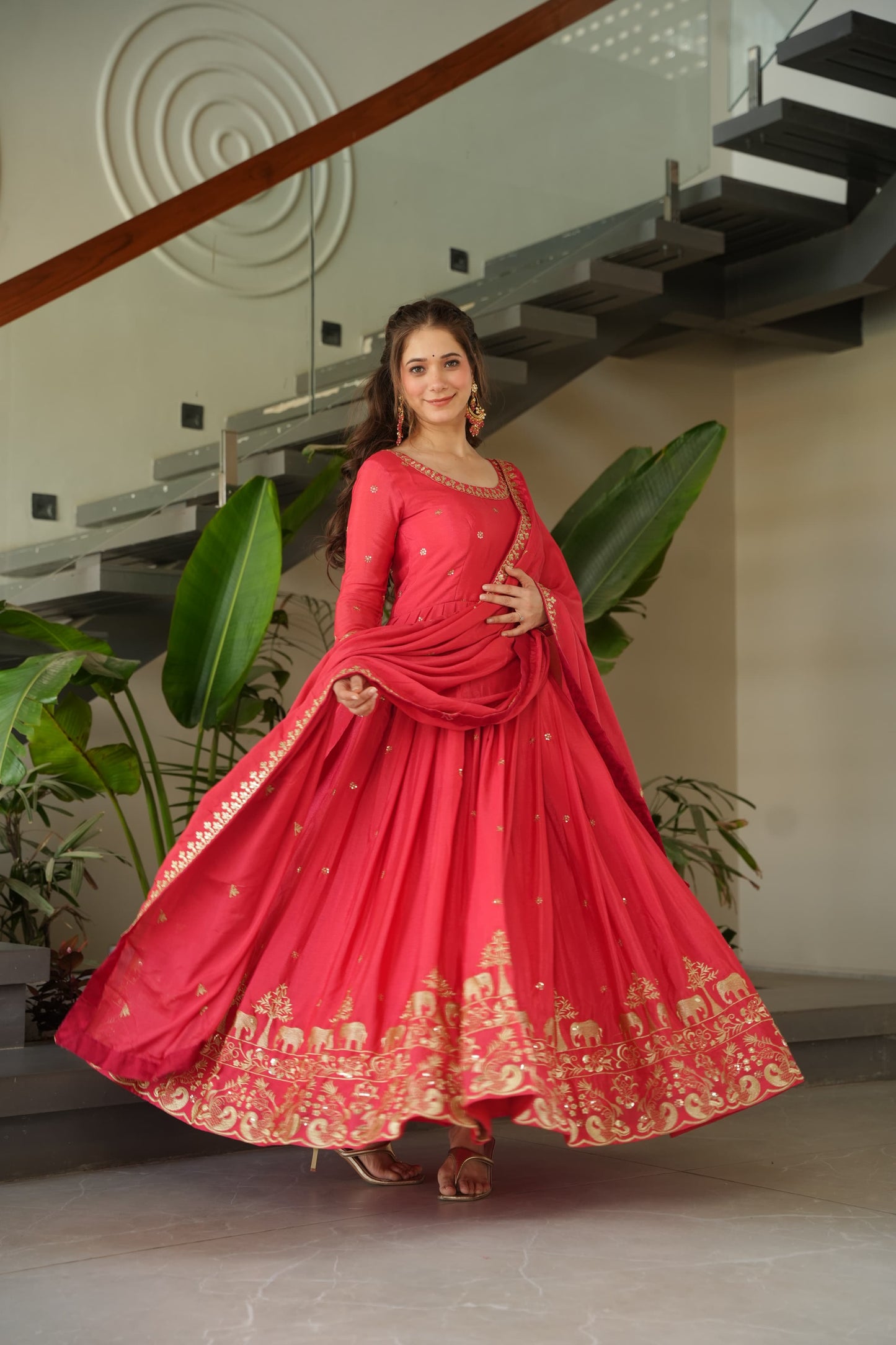 Peach Color Chinnon with Sequins Embroidered Gown With Dupatta