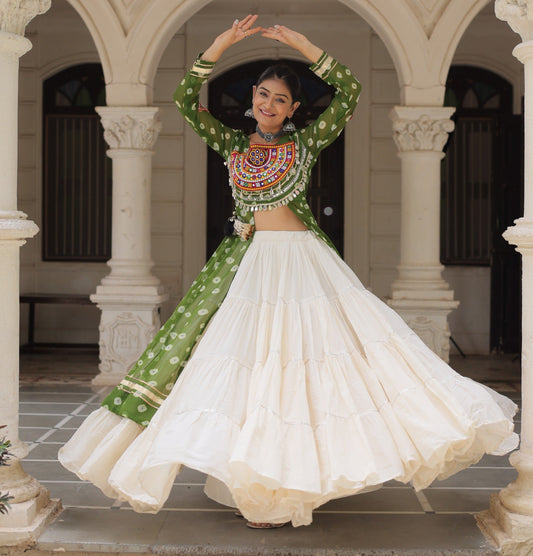 Parrot Green color Kora Cotton  Bandhani Print Lehenga With Kurti