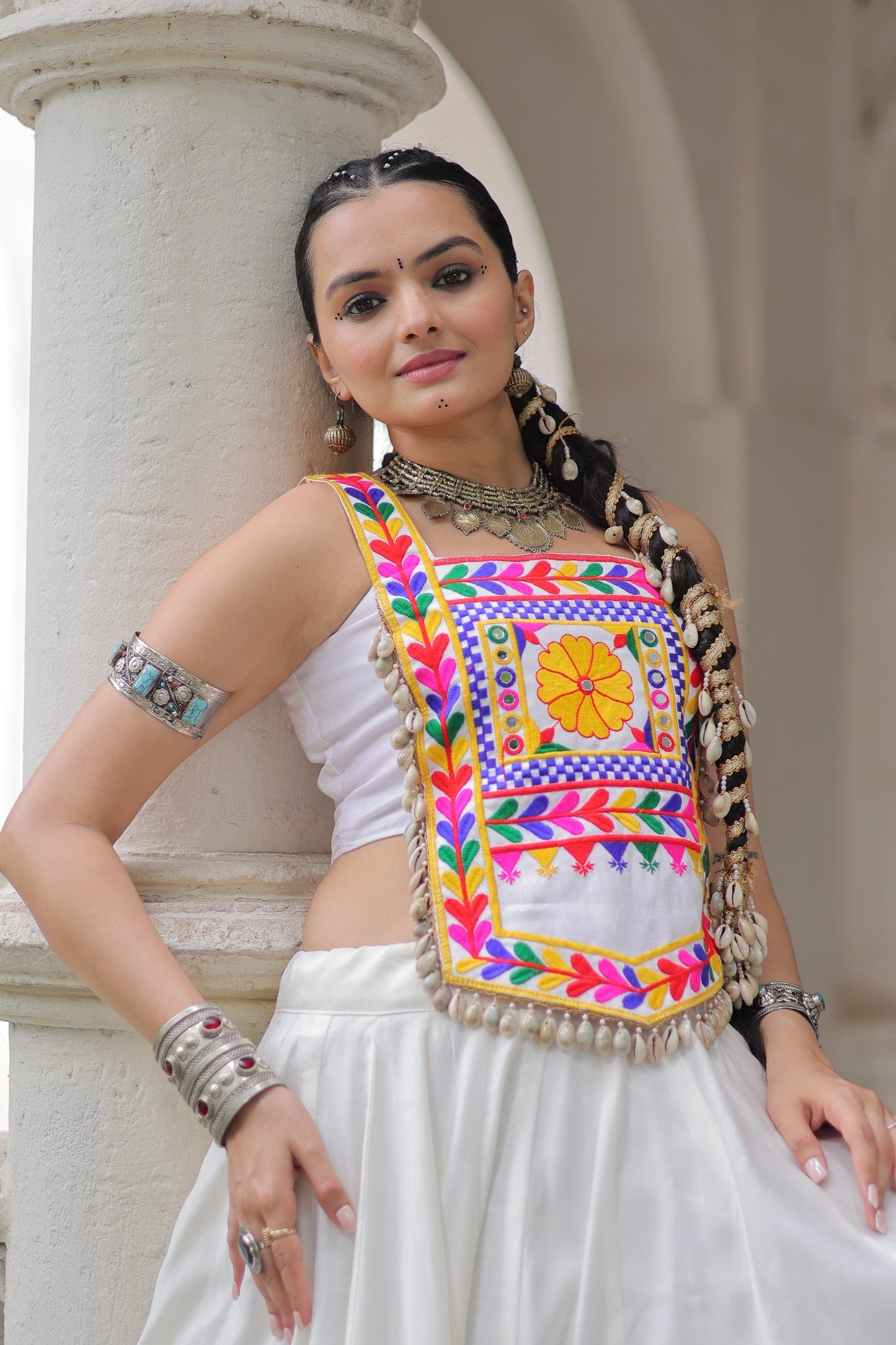 White Roman Satin with Kutchi Gamthi Embroidery Lehenga Top