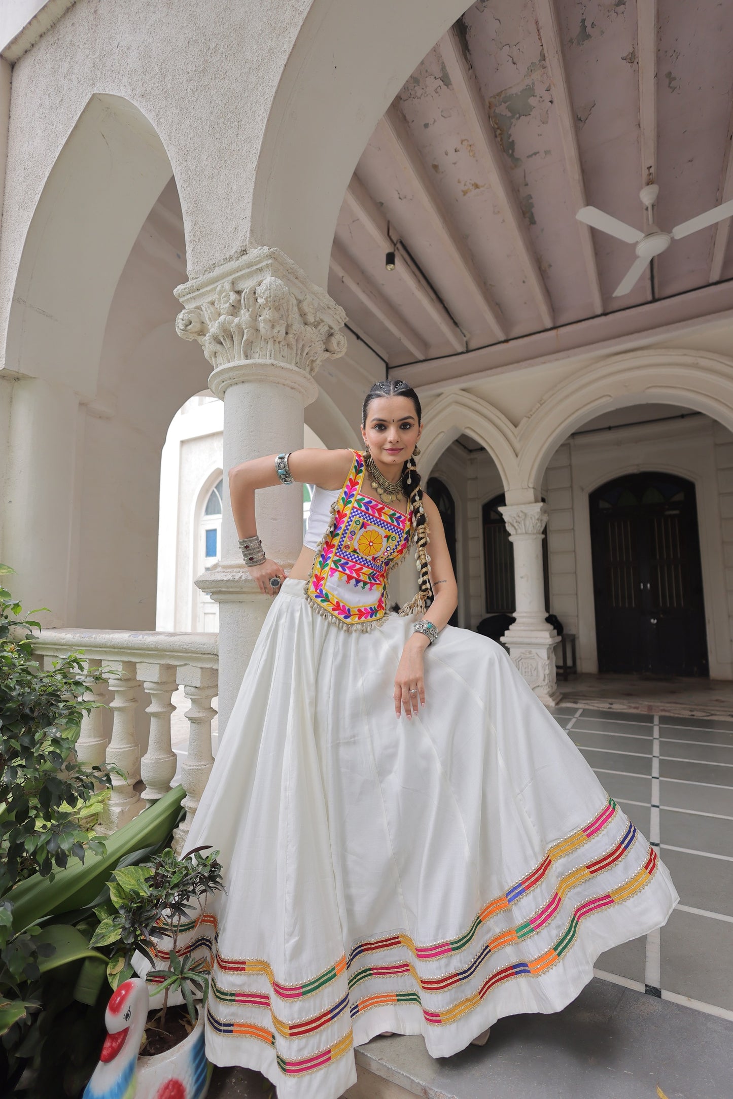 White Roman Satin with Kutchi Gamthi Embroidery Lehenga Top