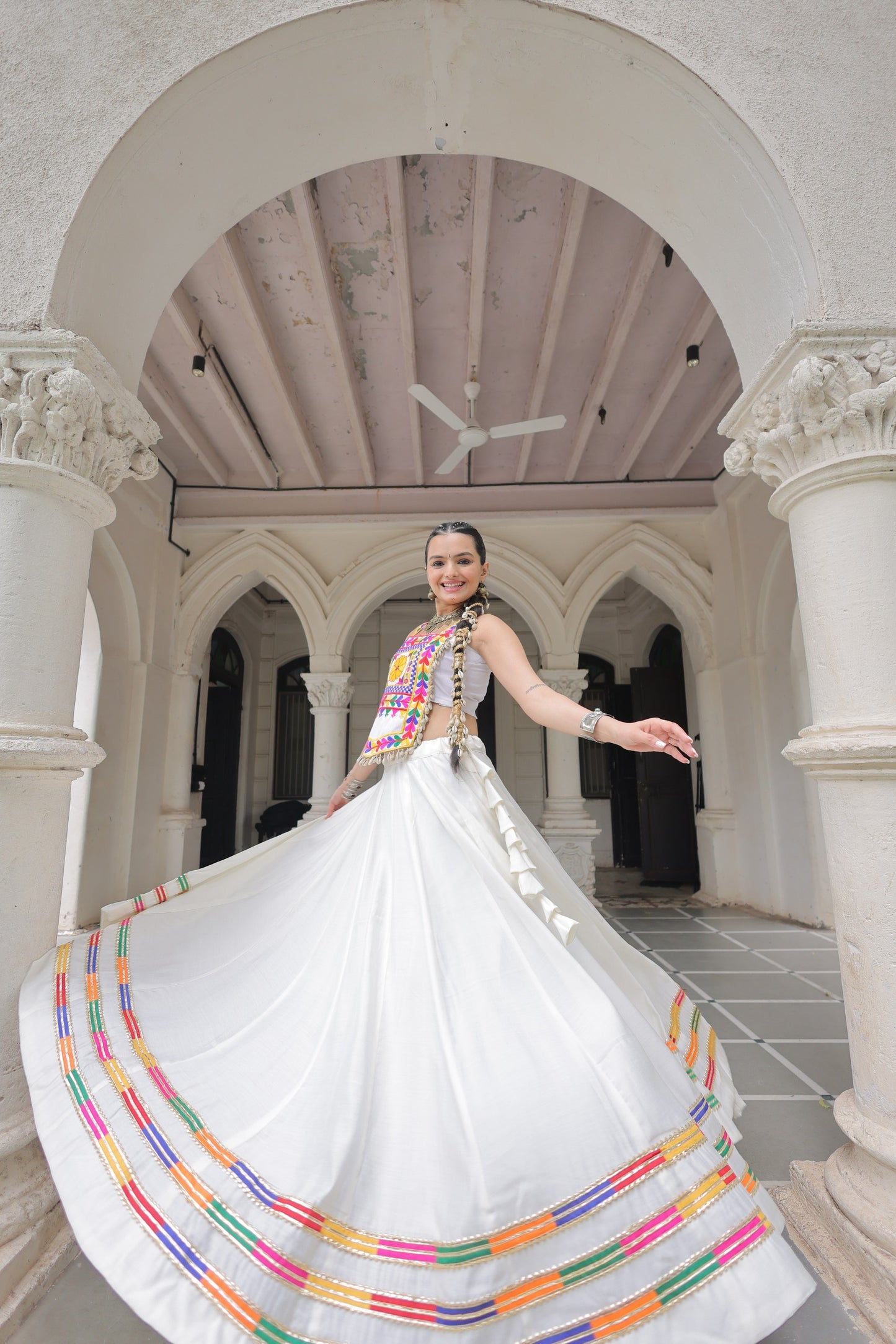 White Roman Satin with Kutchi Gamthi Embroidery Lehenga Top