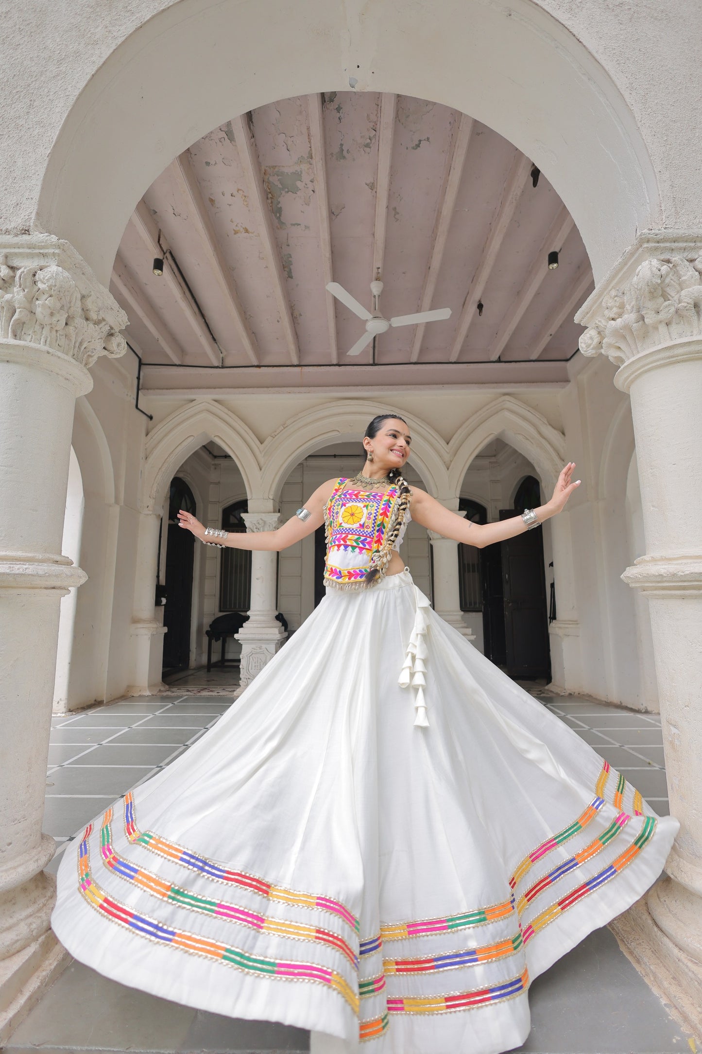 White Roman Satin with Kutchi Gamthi Embroidery Lehenga Top