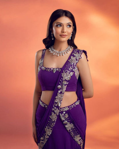 PURPLE COLOR HEAVY CHINON &RUFFLE WORK LEHENGA SAREE