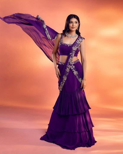 PURPLE COLOR HEAVY CHINON &RUFFLE WORK LEHENGA SAREE