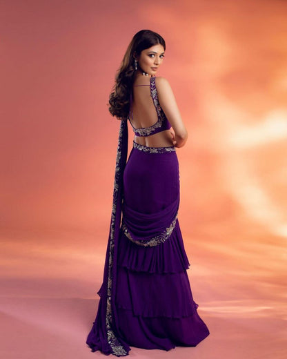 PURPLE COLOR HEAVY CHINON &RUFFLE WORK LEHENGA SAREE