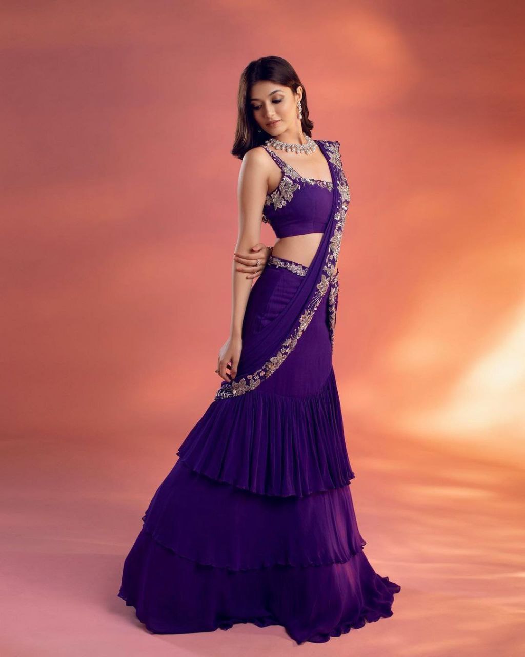 PURPLE COLOR HEAVY CHINON &RUFFLE WORK LEHENGA SAREE