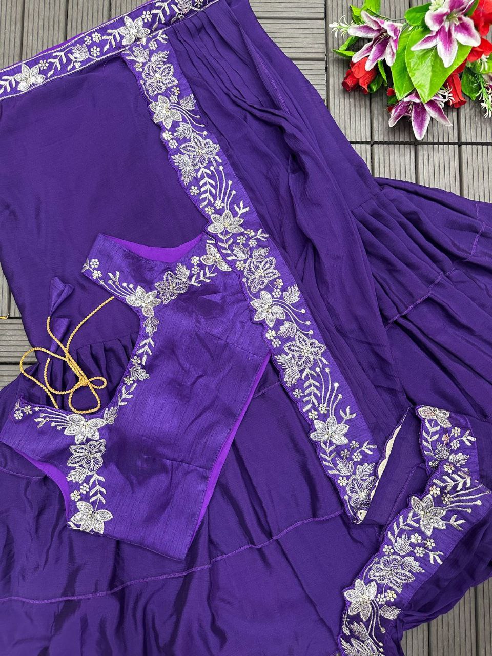 PURPLE COLOR HEAVY CHINON &RUFFLE WORK LEHENGA SAREE