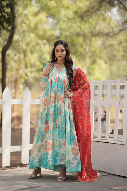 SKY COLOR DIGITAL PRINTED GRACEFUL V-NECK ANARKALI GOWN WITH DUPATTA