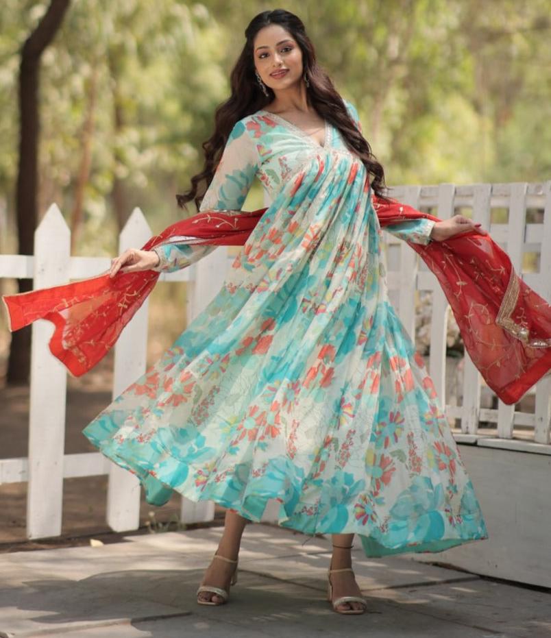 SKY COLOR DIGITAL PRINTED GRACEFUL V-NECK ANARKALI GOWN WITH DUPATTA