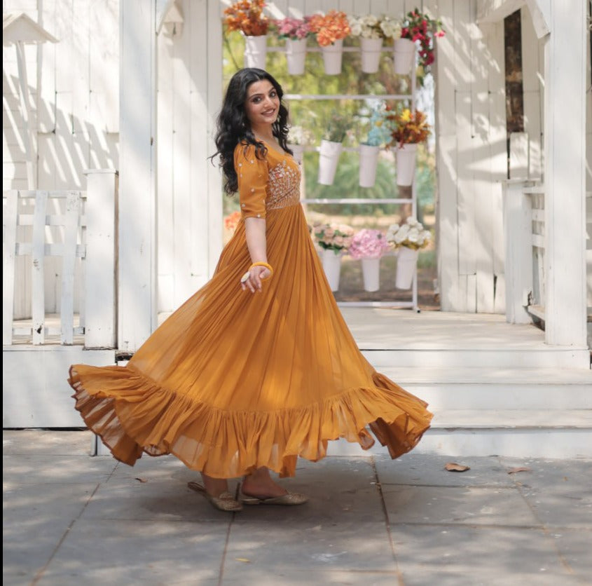 ETHEREAL CHARME EBONY MUSTERD COLOR  ANARKALI GOWN