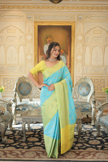 SKY BLUE & LIME COLOR KANJIVARAM SILK WITH ZARI WORK SAREE