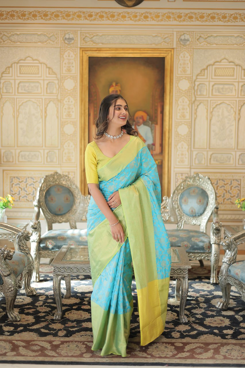 SKY BLUE & LIME COLOR KANJIVARAM SILK WITH ZARI WORK SAREE