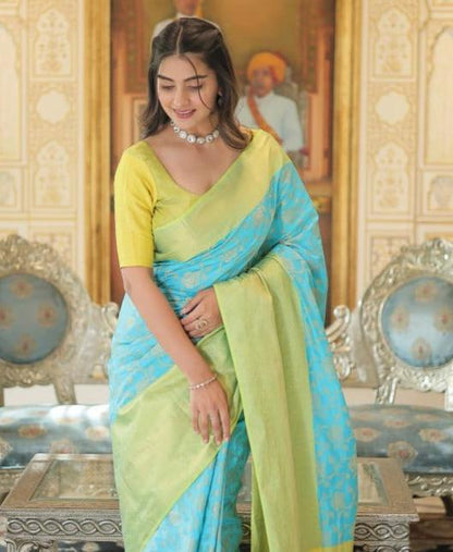 SKY BLUE & LIME COLOR KANJIVARAM SILK WITH ZARI WORK SAREE