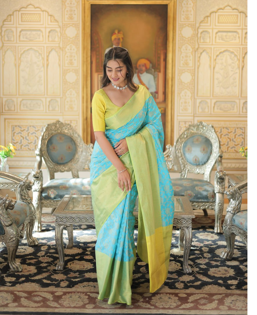 SKY BLUE & LIME COLOR KANJIVARAM SILK WITH ZARI WORK SAREE