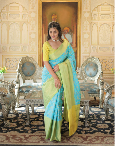 SKY BLUE & LIME COLOR KANJIVARAM SILK WITH ZARI WORK SAREE