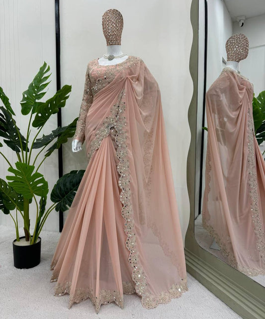 Baby Pink Color Faux Georgette With Real Mirror Work Saree