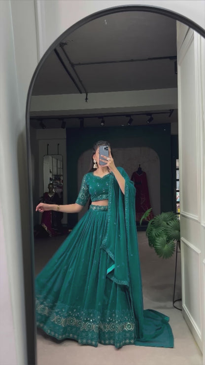 Bottle Green Georgette Sequins and Thread Embroidery Work Lehenga