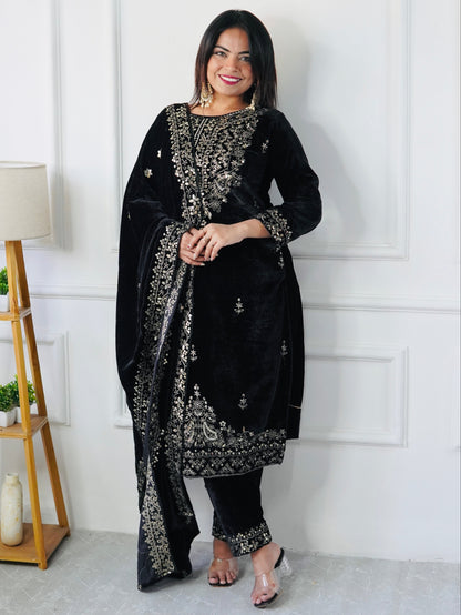 NAVELI Black Viscose Heavy Velvet  3pc Kurta Set